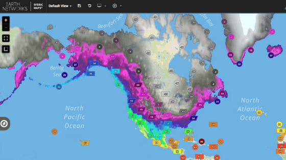 Image of temperature gradients from Sferic Maps weather visualization tool during polar vortex in 2019