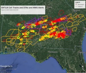 Earth Networks Total Lightning Network cell tracks, Dangerous Thunderstorm Alerts, and National Weather Service (NWS) alerts during the March 3, 2019 Alabama tornado outbreak