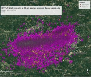 Earth Networks Total Lightning Network total lightning data for a 20-mile radius around Beauregard, Alabama on March 3, 2019 when the deadly tornado outbreak happened