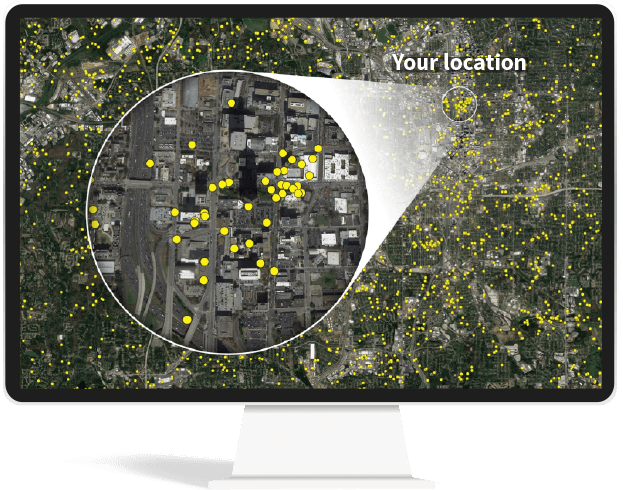 Lightning warning system in action on a computer screen showing all lightning strikes near your location