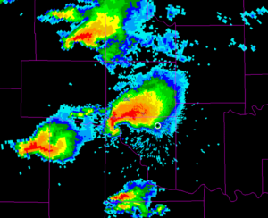 A hook echo, which is a tell tale sign a tornado has formed on radar