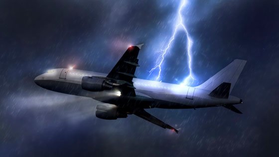 A bolt of lightning striking a plane while the plan is in-flight