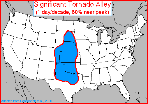 A map of the U.S. showing the Significant Tornado Alley