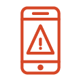 Red icon of a smart phone with a warning symbol on it representing an alert