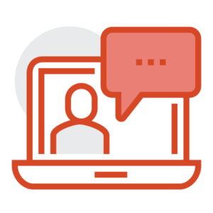 A red icon of a computer screen with a person on it and a text bubble coming up