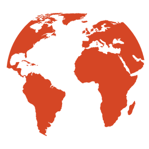 A red map of the world showing North America, South America, Europe, Africa, and a small part of Asia