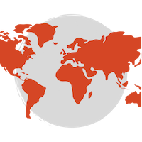 A red map of the world over a grey circle background