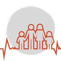 A red heartbeat line that becomes the shape of a family: a child, a father, a mother, and another child, before turning back into a heartbeat graph over a grey circle background