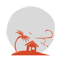 A small red palm tree and house on apiece of land being blow by the wind to the right. Grey circle in the background