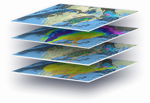 Four real-time weather map data layers stacked on top of each other with various weather layers like hurricane tracking, radar, and satellite