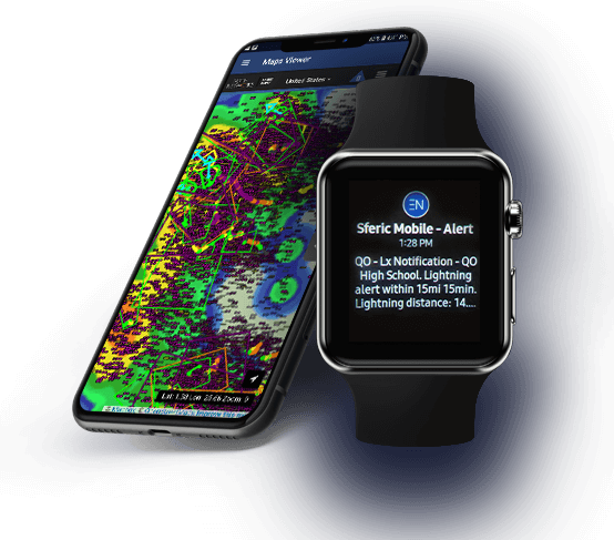 Professional weather software visible on mobile phone and smart watch showing a real-time weather map and real-time weather alerts