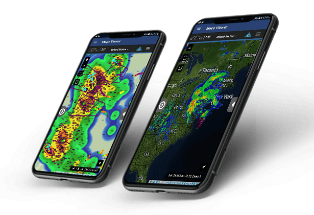 Two mobile phones with our real-time weather software application, Sferic Mobile, displayed