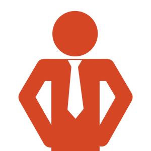 A red icon of a man with hands on his hips and a white tie