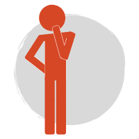 A red stick person with their left arm under their chin so they look like they're thinking