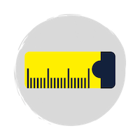 A blue and yellow tape measure icon