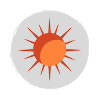 A red and orange sun icon on a grey circle background