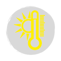 Yellow thermometer and sun icon on a grey background