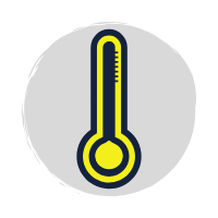 Blue and yellow thermometer icon on a grey background