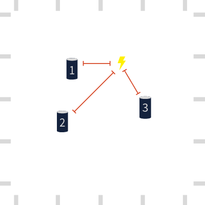 three lightning detection sensors with a lightning strike and distances between each sensor and the strike