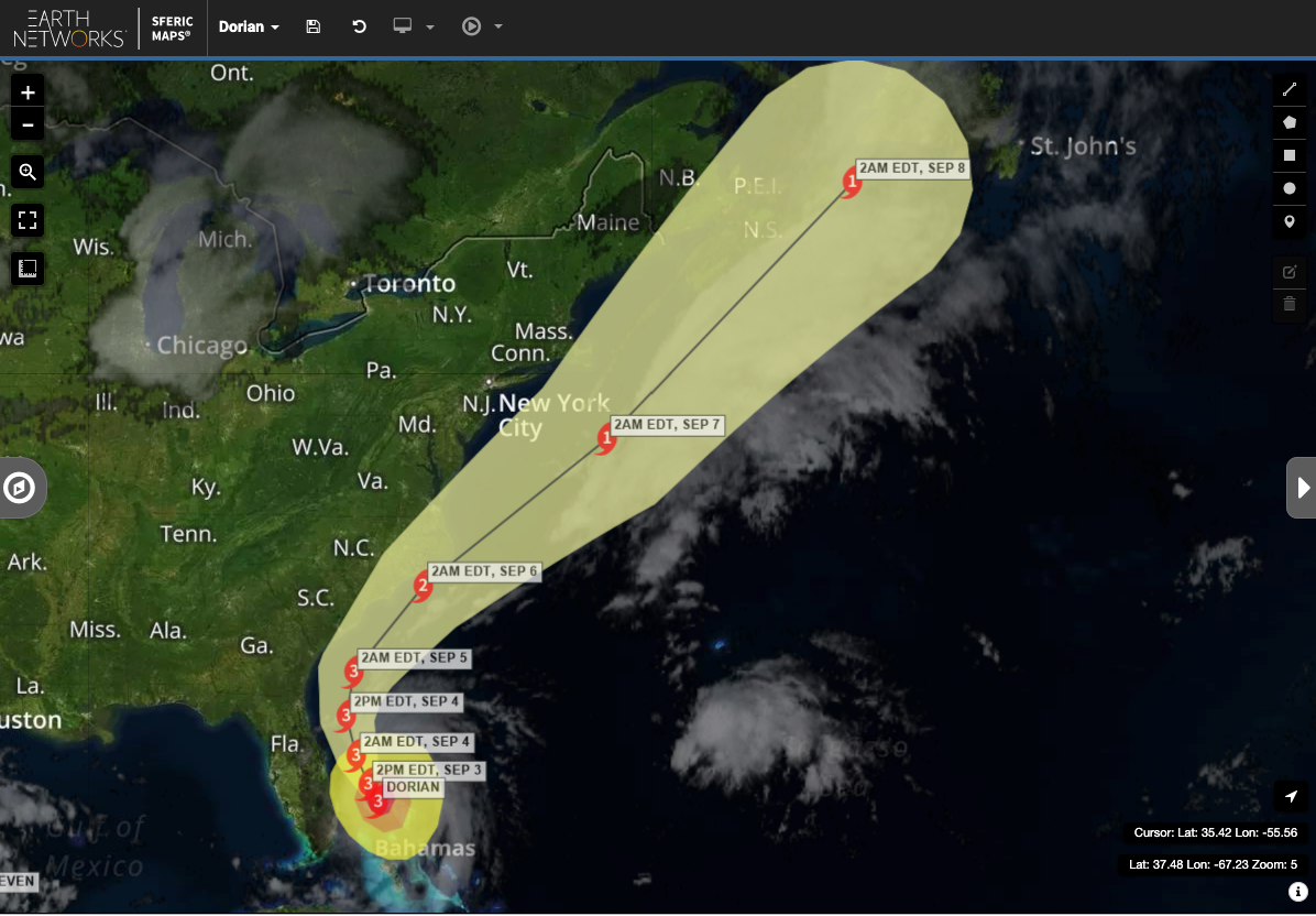Hurricane Dorian track as of 9/3/2019 visualized on Sferic MAps weather map
