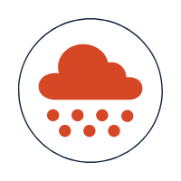Red cloud icon with hail falling out of it in blue circle