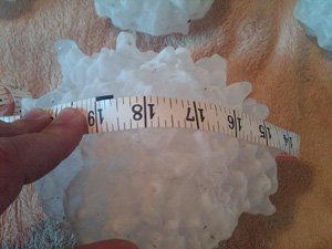 The largest recorded hailstone fell on July 23, 2010 in Vivian South Dakota. This image shows the resident who found it measuring the circumference with a tape measure. The circumference was over 18 inches long!