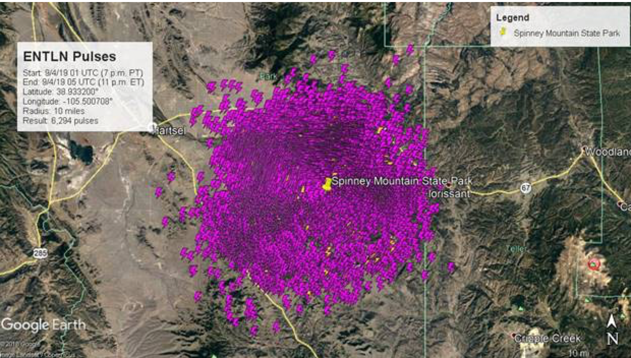 Total lightning detection around Spinney mountain State Park showing the 6,294 in-cloud and cloud-to-ground lightning strikes that occurred within a 10-mile radius from 7pm to 11pm local time on September 3, 2019. Detected by our real-time, hyperlocal lightning network.