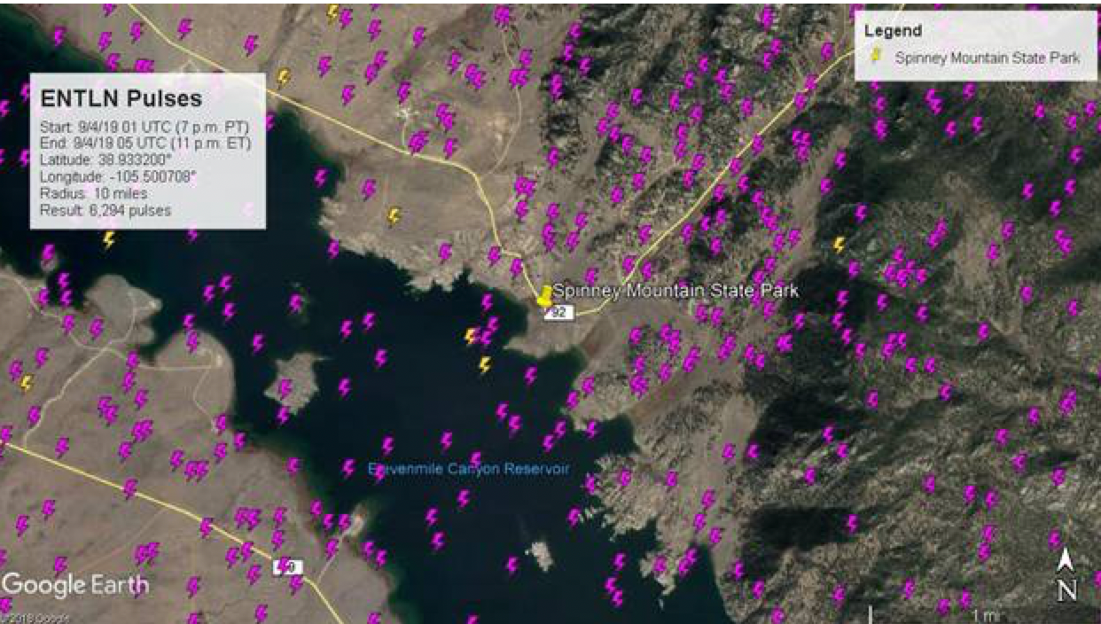 Zoomed-in Total lightning detection around Spinney mountain State Park showing the 6,294 in-cloud and cloud-to-ground lightning strikes that occurred within a 10-mile radius from 7pm to 11pm local time on September 3, 2019. Detected by our real-time, hyperlocal lightning network.