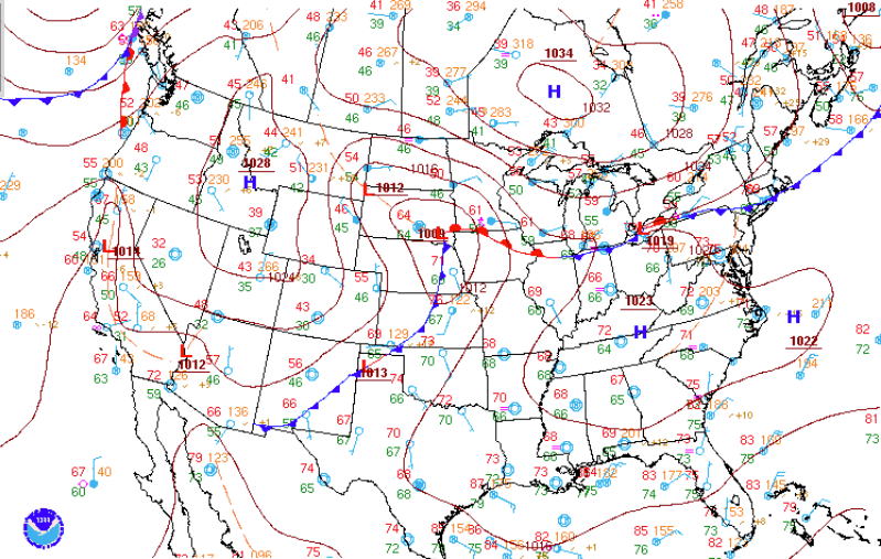 A surface weather observation map by the National Weather Service and National Oceanic and Atmospheric Administration