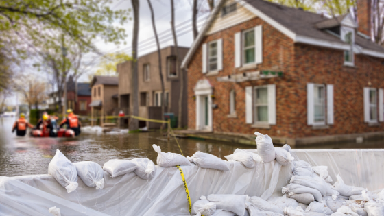 flooded road with sandbags and first responders 