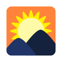 A graphic of the sun rising over two blue mountains
