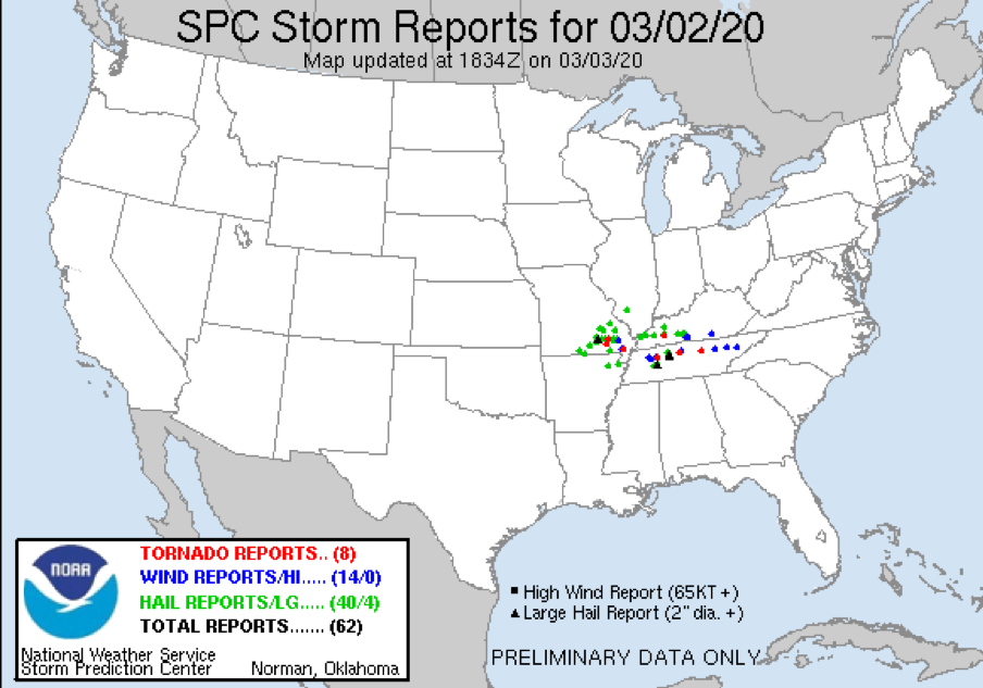 NOAA's Storm Prediction Center (SPC)'s Storm Reports for MArch 3, 2020 showing tornado, wind, and hail reports in the Tennessee area. 
