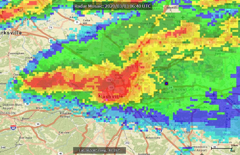 NOAA Radar Composite imagery of supercell that resulted in deadly East Nashville tornado on March 3, 2020
