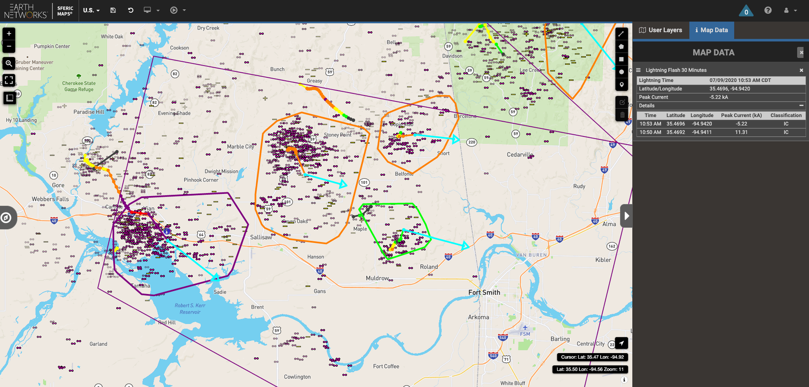 Total lightning data, cell tracks, and alerts on Sferic Maps weather map