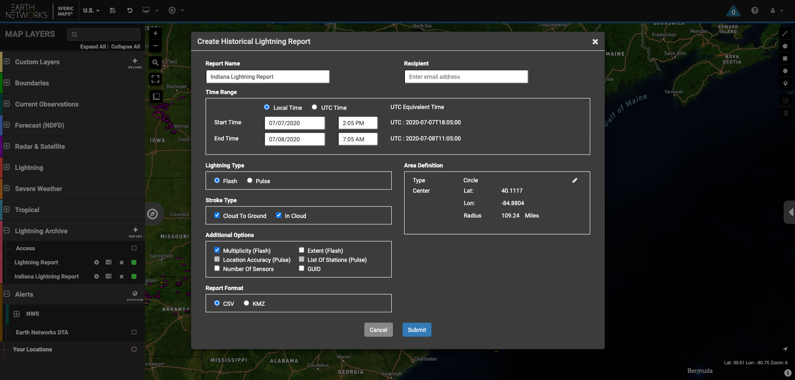 Lightning archive on Sferic Maps to access historical lightning data 