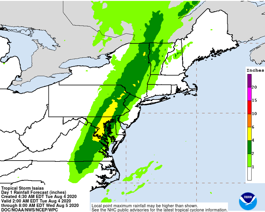 Tropical Storm Isaias Day 1 Rainfall Forecast in inches from NOAA