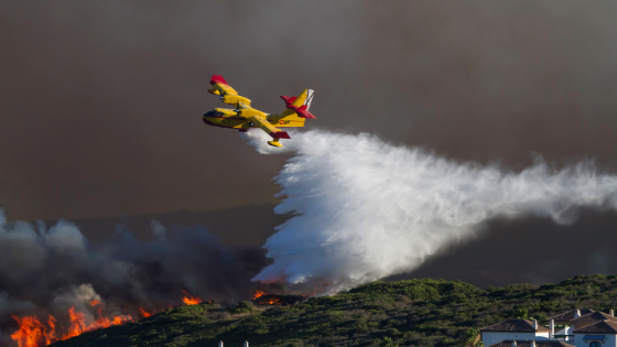 firefighter plane putting out a wildfire in a forest