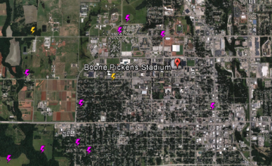 Total lightning detected by Earth Networks Total Lightning Network on display near Boone Pickens Stadium at OSU