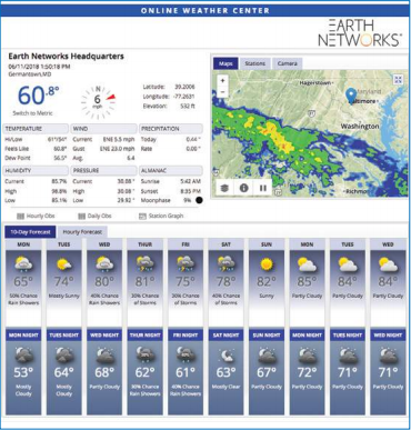 Screenshot of the Earth Networks Online weather center, part of the subscription-based severe weather protection package, Sferic Protect
