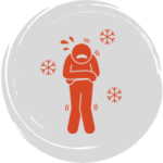 Cartoon man shivering with snowflakes around him to show that he is extremely cold