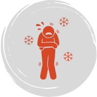 Cartoon man shivering with snowflakes around him to show that he is extremely cold